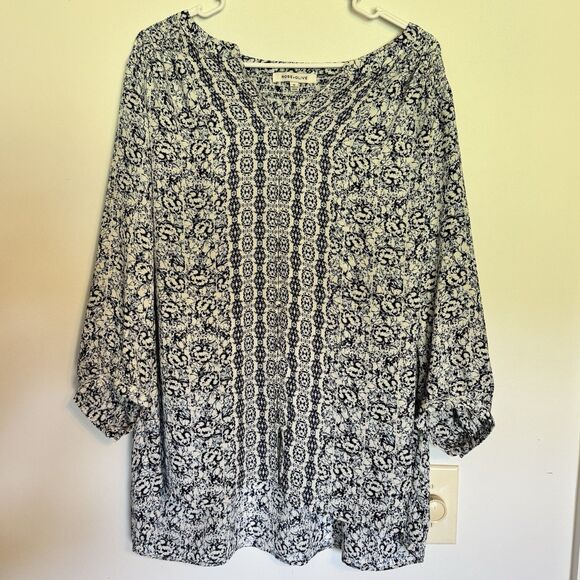 Rose Olive Floral Tunic Top Woman Button Front 3/4 Sleeve Ruched Casual Flowy 1X - Picture 1 of 5
